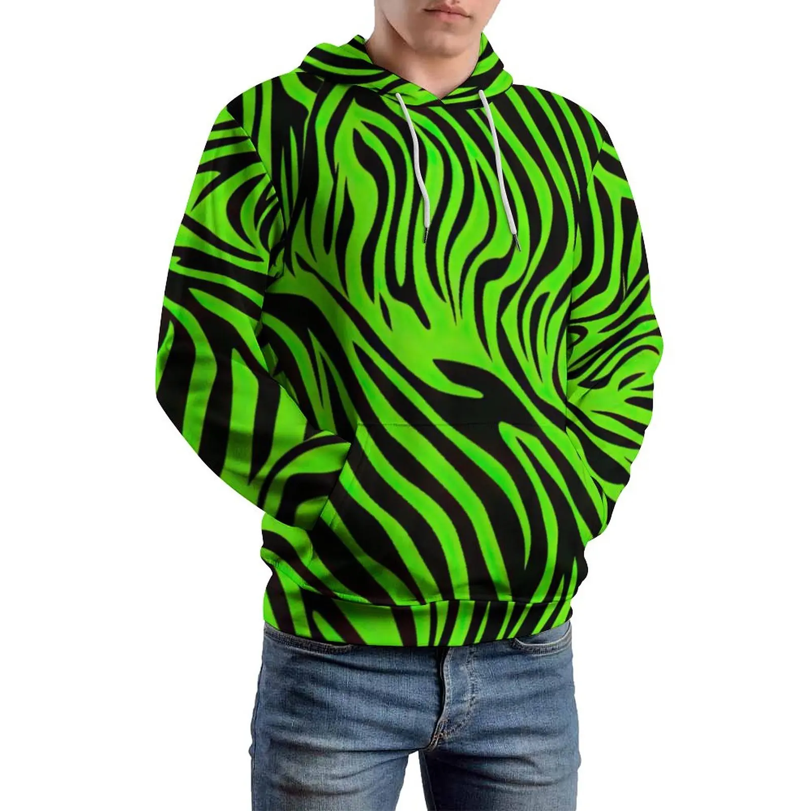 

Line Green Zebra Casual Hoodies Couple Stripe Print Elegant Design Sweatshirts Spring Long Sleeve Street Style Oversized Hoodie