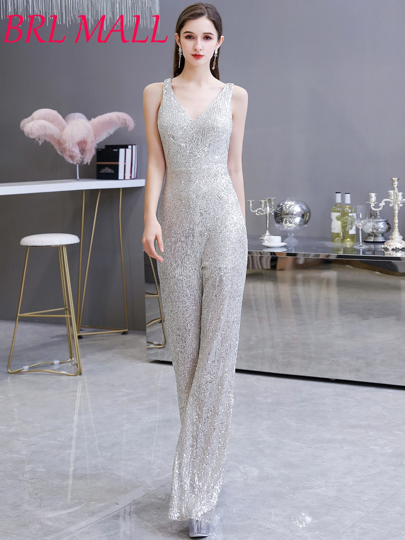 

Silver/Black Sequins Women Luxury Jumpsuits Evening Dresses Elegant Formal Party Reception Dress Pant Suits Gala Gowns 2022