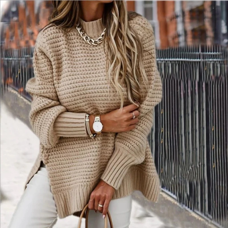 

Winter Women Knitted Sweater Casual Half High Neck Oversized Pullovers Fashion Batwing Sleeve Coarse Knit Solid Female Sweaters