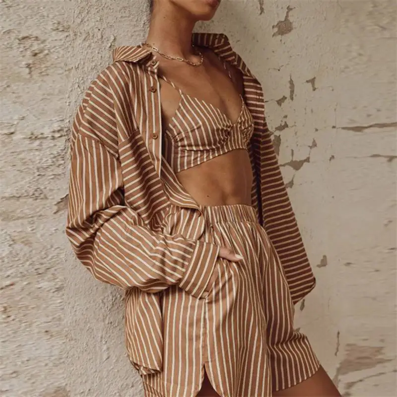 

Latest Fashion Girls Lively Oversized Stripe Long Sleeve Button Up Blouse Shirt Bra Shorts Womens Three Piece Sets Casual Outfit
