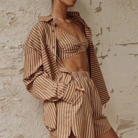 latest fashion girls lively oversized stripe long sleeve button up blouse shirt bra shorts womens three piece sets casual outfit