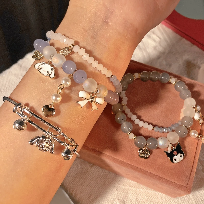 

2pcs/SET Mymelody Cinnamoroll Kuromi Purple Bracelet New Cute Sweet Girl Crystal Bracelet Cartoon Transshipment Beads Bracelet