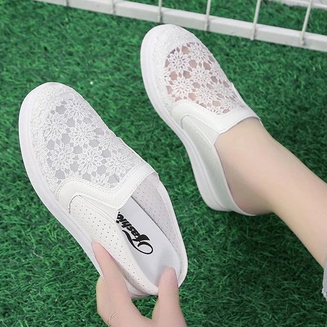 Embroider Flower Slippers Women Creepers Outside Air Mesh Mules Shoes Platform Sandals Breathable Closed Toe Slides Flip Flops