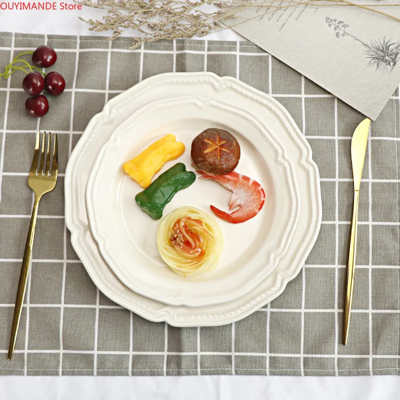 

Simple French Vintage Lace Western Plate Salad Bowl Ceramic Flat Plate Breakfast Salad Plate Relief White Color Dish Dinner Set