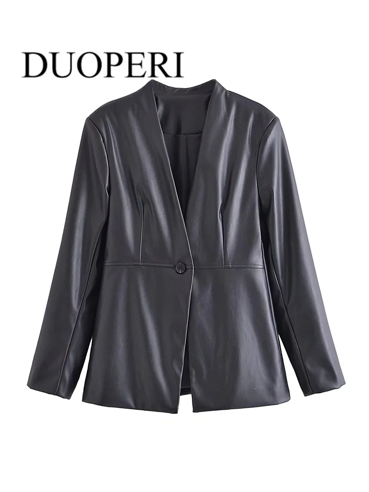 

DUOPERI Women Fashion Officewear PU Blazer Jacket Vintage Single Button Long Sleeve Female Outwear Outfits Mujer