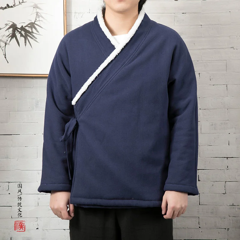 

MRGB Winter Fashion Men's Solid Cotton Linen Thick Jacket New Oversized Fleece Male Coat Chinese Short Hanfu Warm Loose Jacket