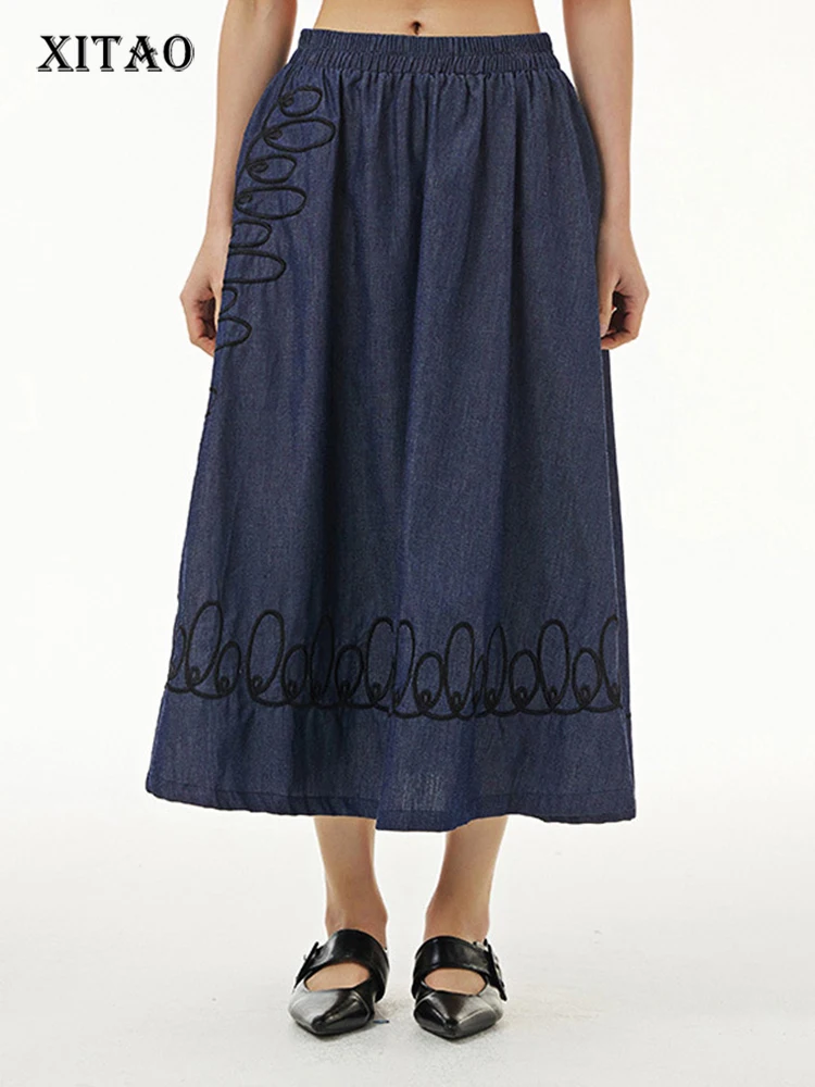 

XITAO Embroidery Solid Skirt Women 2022 Summer New Arrival Personality Fashion Loose All Match Elastic Waist Skirt WMD5799