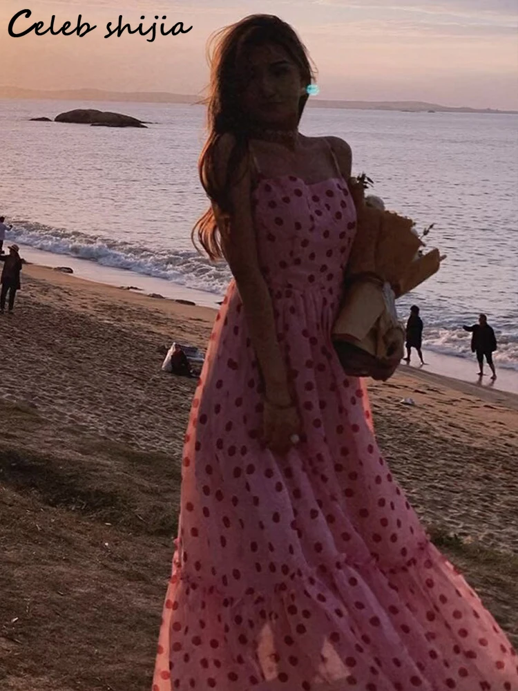 

Женское винтажное платье в горошек, розовое пляжное платье без рукавов на тонких бретельках, одежда для отпуска на лето