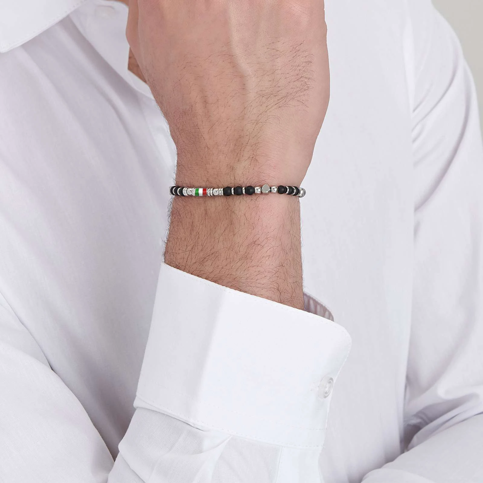 Runda Men's Natural Stone Bracelet Obsidian 4mm with Stainless Steel Adjustable Size 22cm Handmade Charm Bead Bracelet for Men