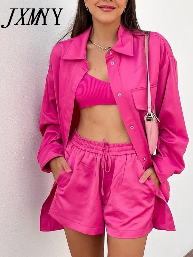 

Women Solid Satin Shirt With Mini Shorts Two Pieces Set Female Fashion Casual Long Sleeve Outfits 2022 Summer Blouses Tracksuits