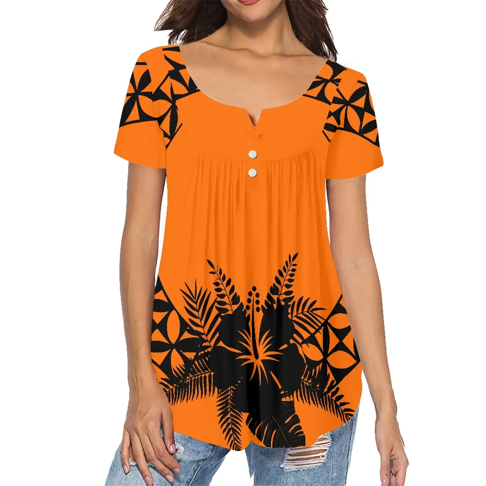 

Polynesia Hawaii Samoa Summer Girls Shirts Fashion Hibiscus Flowers Women Clothing Short Sleeve V-neck Casual Women T-Shirts