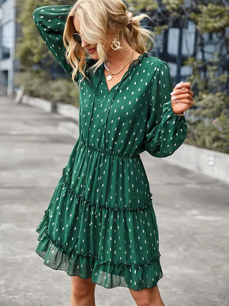 

Fashion Printed Short Dress 2022 New Women Autumn Winter V Neck Long Sleeve Lace Up All Match A Line Dress