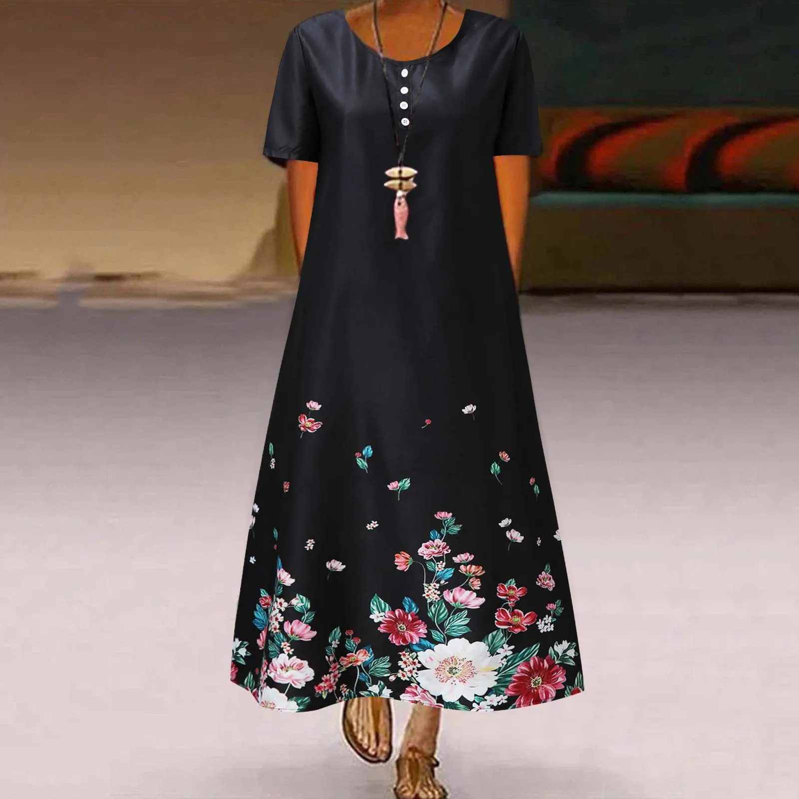 Women Fashion Summer Printed Retro ChaDou  Long Dress with Short Sleeves  V-neck Embroidery  2022