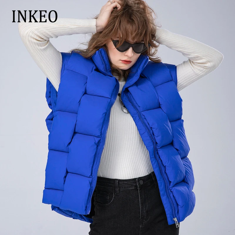 Autumn Winter Women's Weave sleeveless Vest Blue Turtleneck jacket Fashion Warm Cotton padded coat waist coat 2022 INKEO 2O306