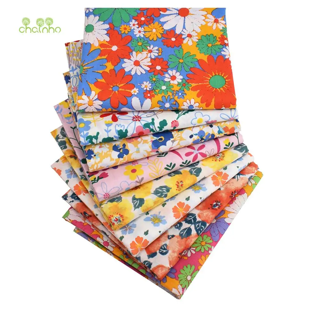 Chainho,Printed Plain Poplin Cotton Fabric,DIY Quilting & Sewing  Material,Patchwork Cloth,Floral Series,8 Designs,5 Sizes,PCC10