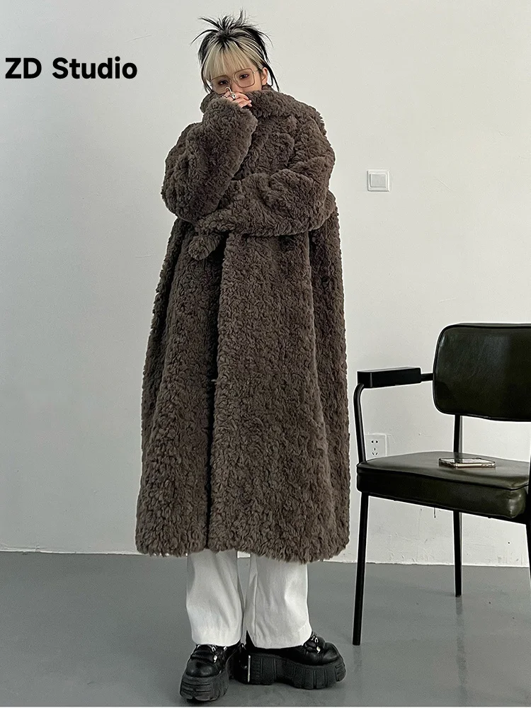 

[ZD Studio] Loose Fit Lambswool Size Long Thick Jacket New Lapel Long Sleeve Women Coat Fashion Spring Autumn 2023 1DF0217