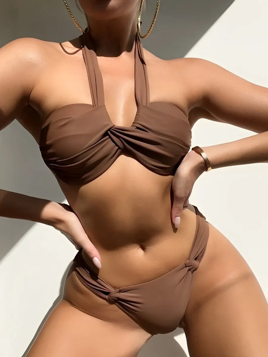 

Бикини с лямкой на шее, 2023, женский купальник с пуш-ап, однотонный сексуальный купальник-бандо, женские купальники, купальный костюм для плавания, пляжная одежда