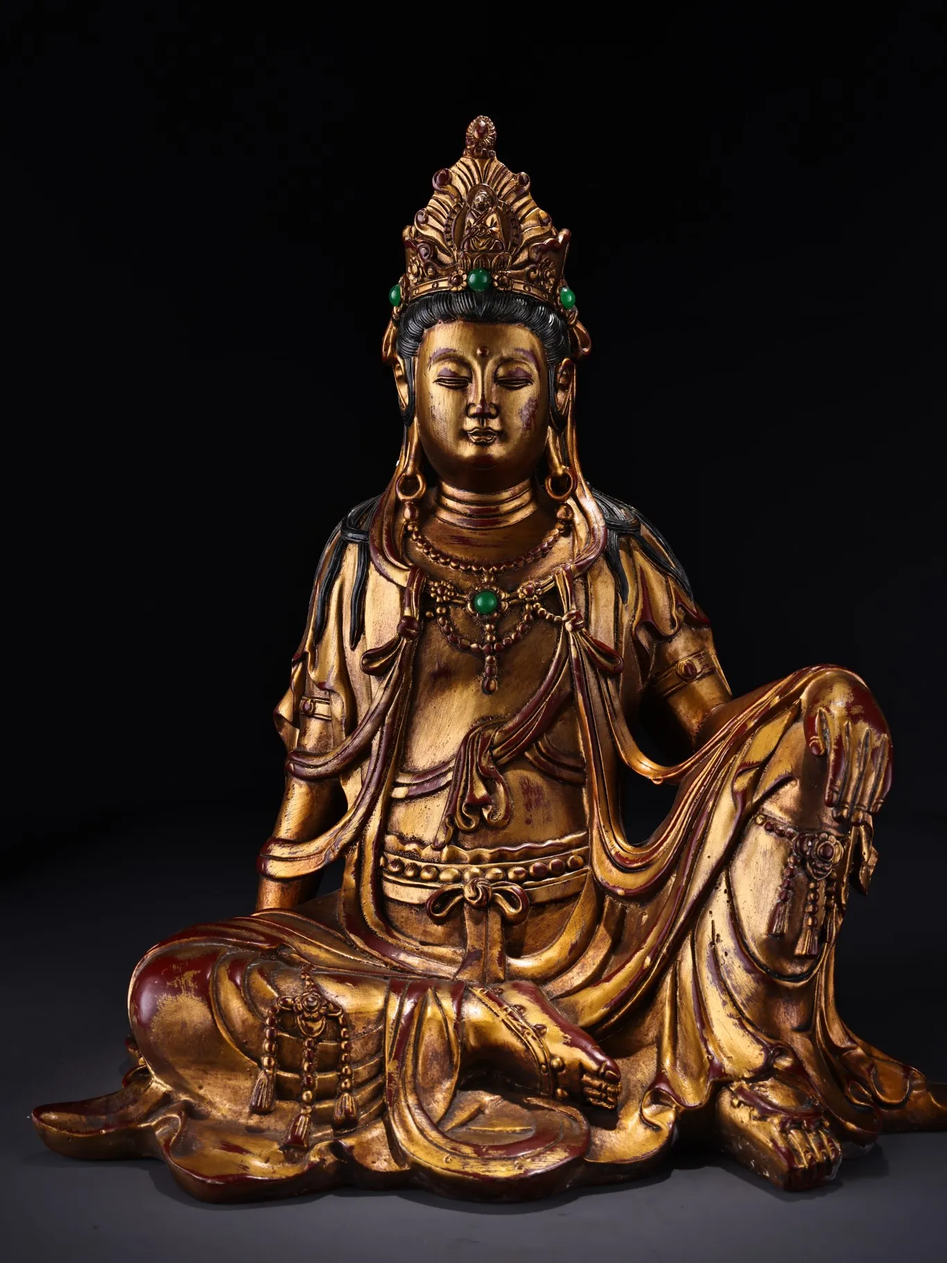 

13" Tibetan Temple Collection Old Bronze Gilt comfortable Guanyin Bodhisattva Sitting Buddha Town house Exorcism