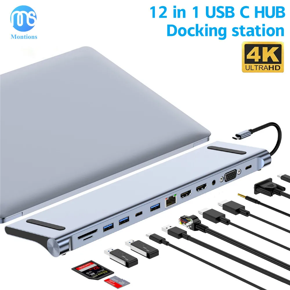 USB C Hub 12 In 1 USB C Adapter with 4K HDMI VGA USB-C Thunderbolt 3 Gigabit Ethernet Audio SD/TF for MacBook Docking Station