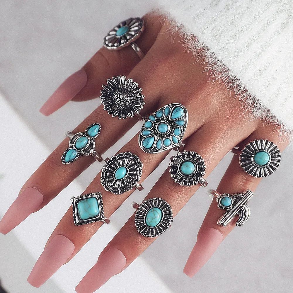 

10pc/set Personalized Cactus Sunflower Ring Combination Vintage Bohemia Droplet Type Turquoise Joint Rings for Women