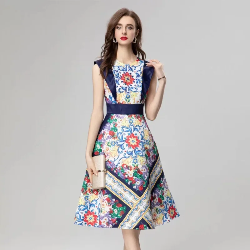 2024 новое летнее женское платье с круглым вырезом без рукавов украшенное стразами