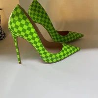 checkered fuorescent green concise pumps shallow stiletto pointed toe glitter leather catwalk runway women shoes european style