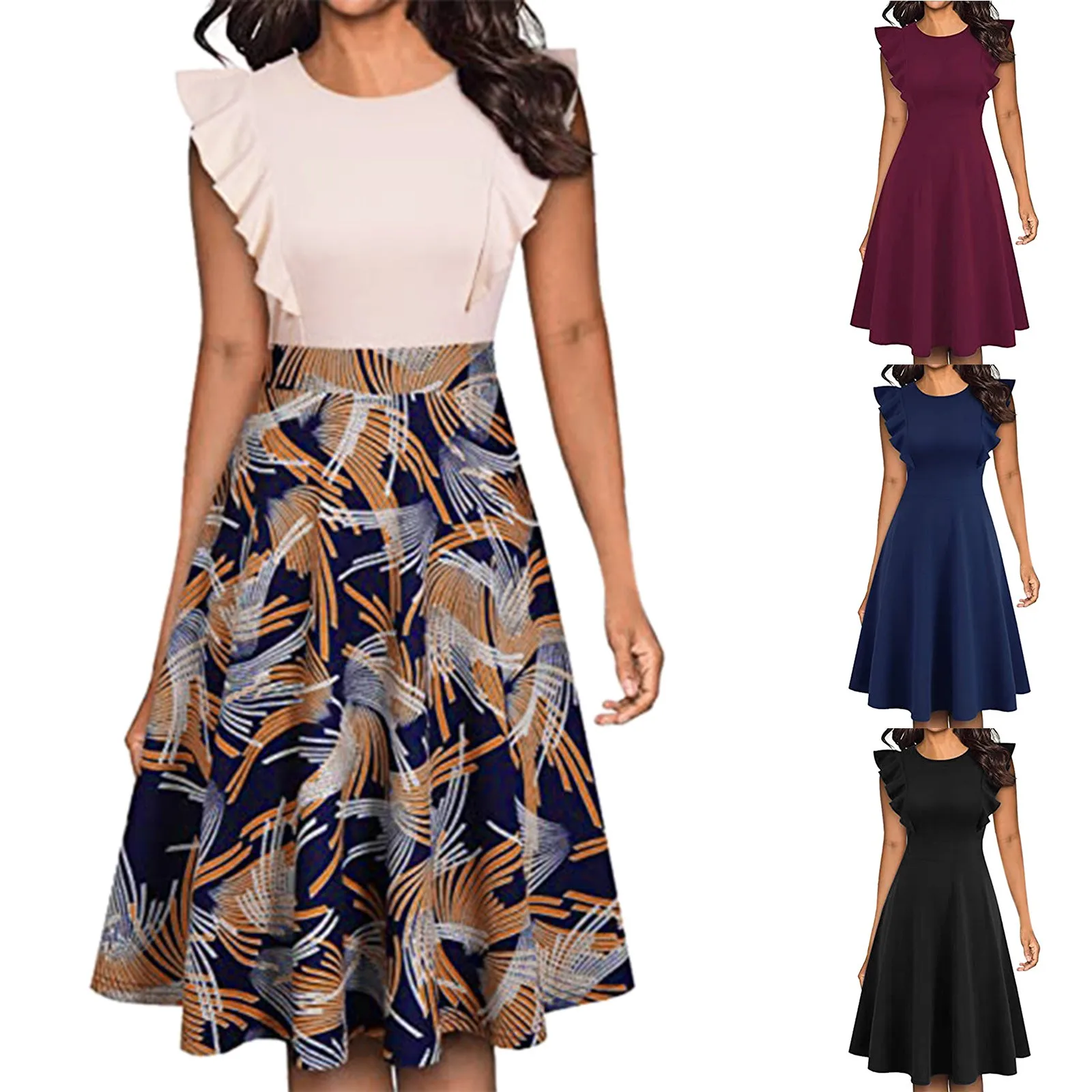 

Женское платье с коротким рукавом, облегающее платье в стиле ретро с принтом OL, разноцветные лоскутные платья-качели, женские повседневные ...