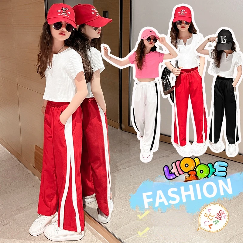 

2022 Summer Girls Outifts Short Sleeve T-shirt Wide Leg Pants Two Pieces Children's Clothing Set Casual Sport Loose Kids Clothes