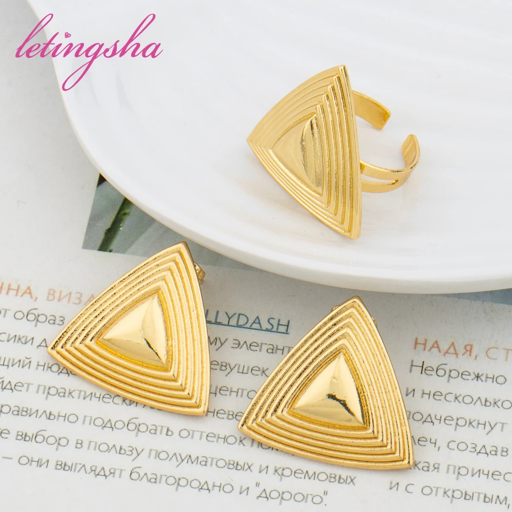 

Ethiopian Fashion Triangle Earrings and Ring Sets Women Jewellery Dubai Luxury Gold Color Classic Jewlery Set for Weddings Party