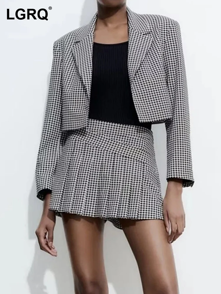 

Комплект из двух предметов LGRQ Женский, Модный облегающий топ с отложным воротником и длинным рукавом, плиссированная мини-юбка-трапеция, ...