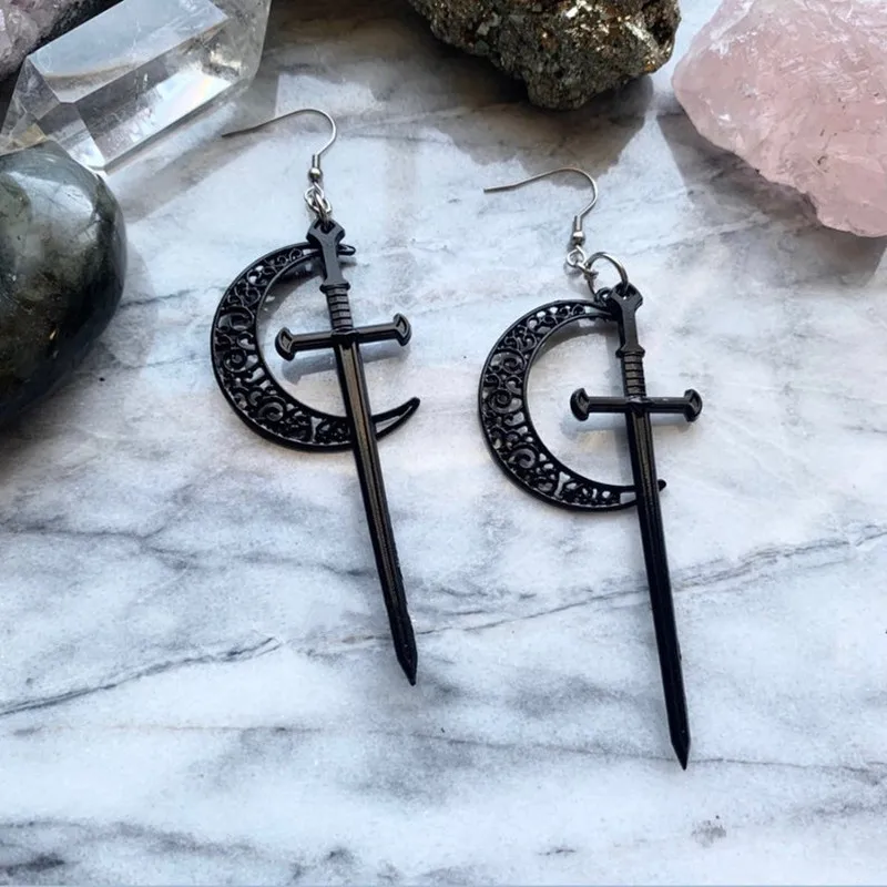 

Black Longsword Crescent Earrings Witchcraft Warrior Pagan Viking Alternative Gothic Medieval Jewelry Classic Warrior Gift