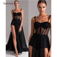 sumnus elegant black a line evening dresses spaghetti straps 2022 robe de soir%c3%a9e femme side split prom gowns vestidos de noche