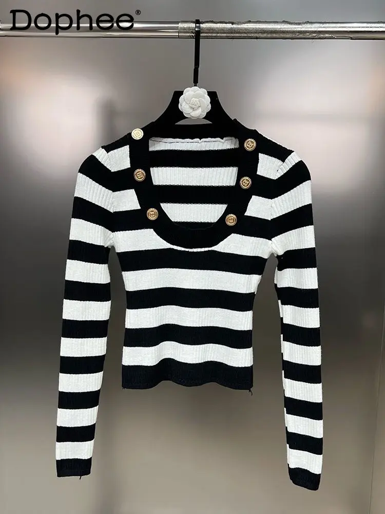 

Fashion Button Decorative Stripe Contrast Color Knitted Sweater Women's Chic Long Sleeve Pullover 2023 Spring