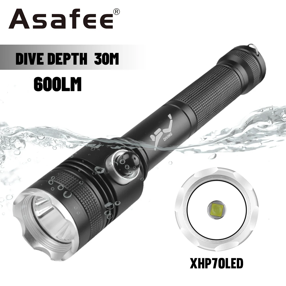 

Asafee D239A 30M Underwater XHP70 600LM LED Diving Flashlight IPX8 Waterproof 200M Range Press Switch Scuba Torch