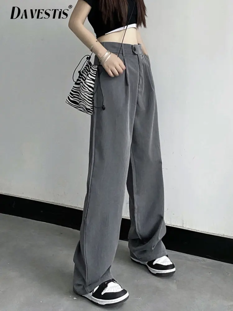 

2023 Spring Casual Loose Solid Color 1button Suit Pants Women for Wide Leg Pants Ladies Simple Thin Vertical Straight Trousers