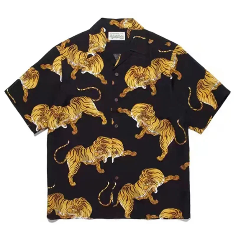 

Oversized Black WACKO MARIA Tiger Short Sleeved Shirts Women's 1:1 Short Sleeved Hawaiian Shirts