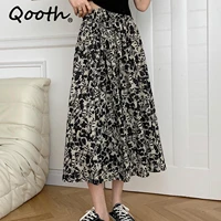 qooth women summer oversize mid length floral a line skirt elegant high waist printed skirt qt1831