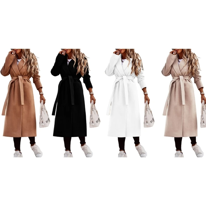 

Womens Vintage Faux Wool Wrap Coat with Tie Belt Notched Turn-Down Collar Open Front Midi Long Coat Jackets Outerwear