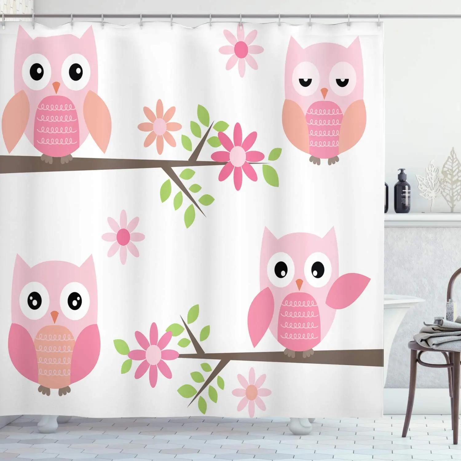 

Owl Shower Curtain, Baby Owls Waving in The Floral Tree Springtime Girly Design Print, Cloth Fabric Bathroom Decor Set