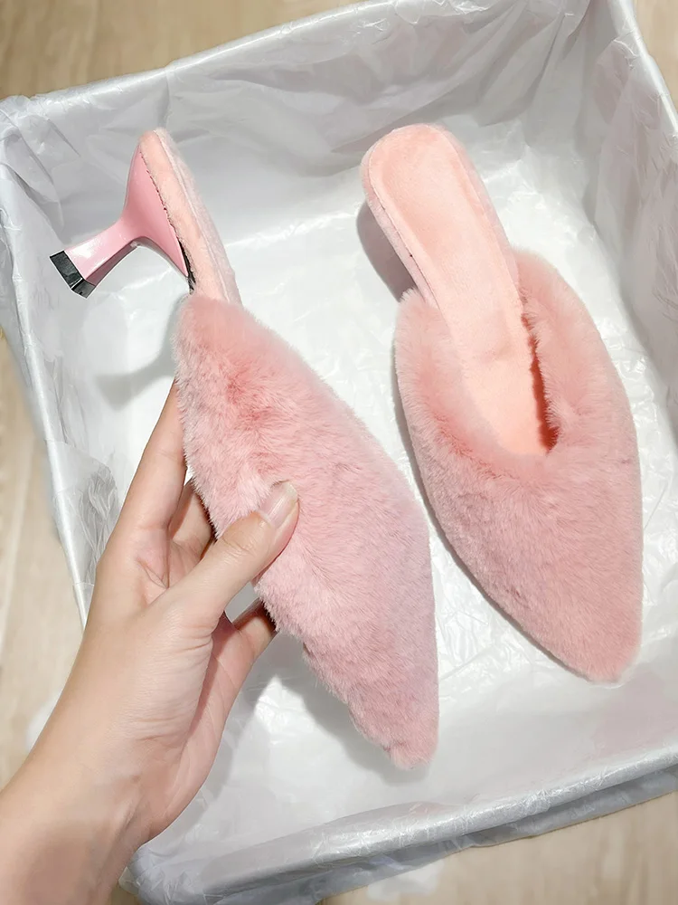

Cover Toe Shoes Flock Thin Heels Plush Slippers For Adults Slipers Women Slides Shallow Low Med Fashion Fur 2022 Pointed Luxury