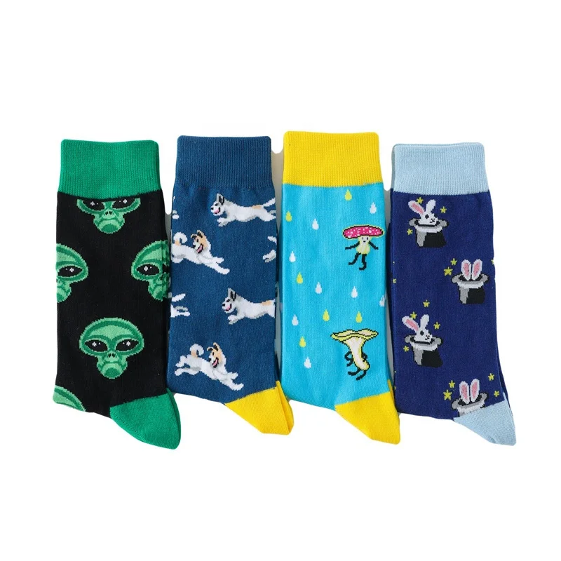 

Green Alien Dog Mushroom Cartoon Jacquard 70 Cotton Mens Happy Funny Socks