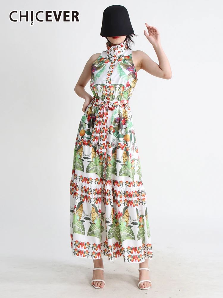

CHICEVER Foral платья с принтом для женщин с воротником-стойкой без рукавов с высокой талией Туника цветное винтажное летнее платье Макси женское