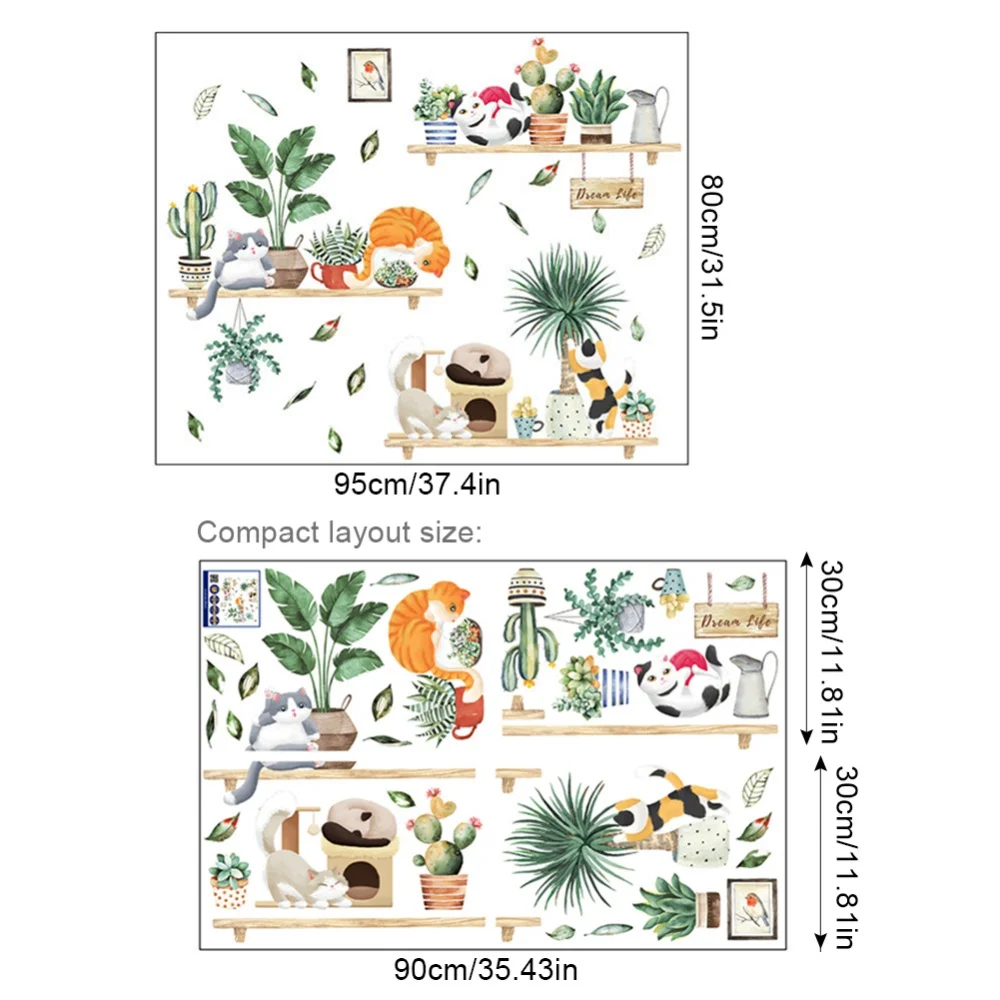 Зеленые растения в горшке котенок настенный стикер HT94038 свежий домашний стильный