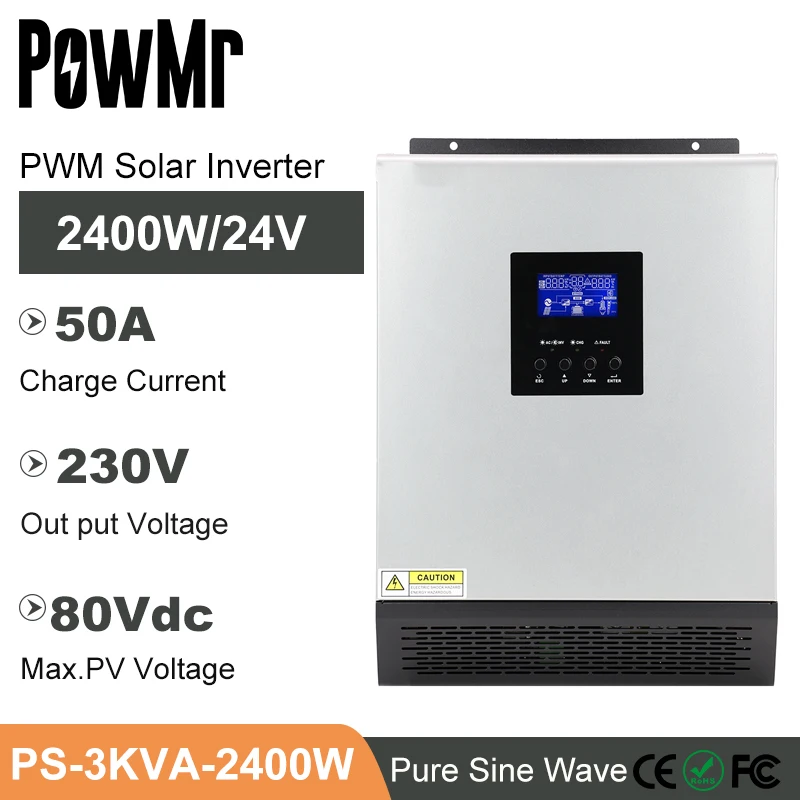 

3KVA 2400W 24V Pure Sine Wave Solar Inverter Built-in PWM 50A Solar Charger 230/110VAC Out-put Max PV 80Vdc for battery Charger