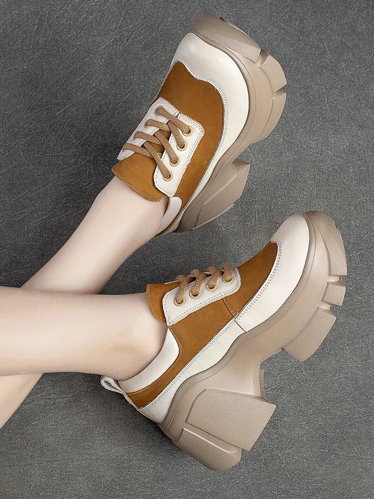 Beffery Women's Chunky Sneakers Genuine Leather Flats Platform Shoes Handmade Round Toe And Lace-up Low-top Sneakers