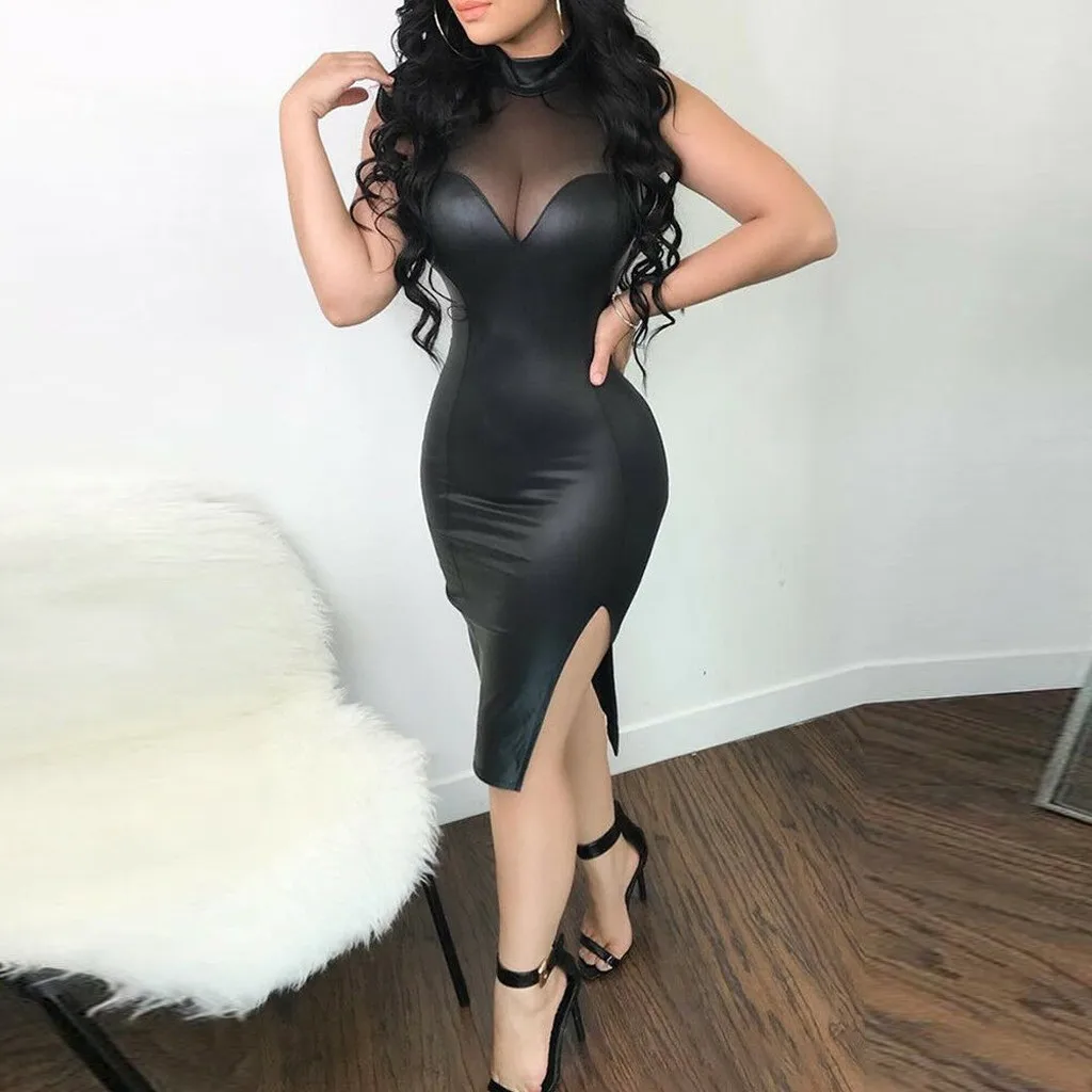 

Fashion Women Slim Sexy Stitching Splits Sleeveless Leather Dress