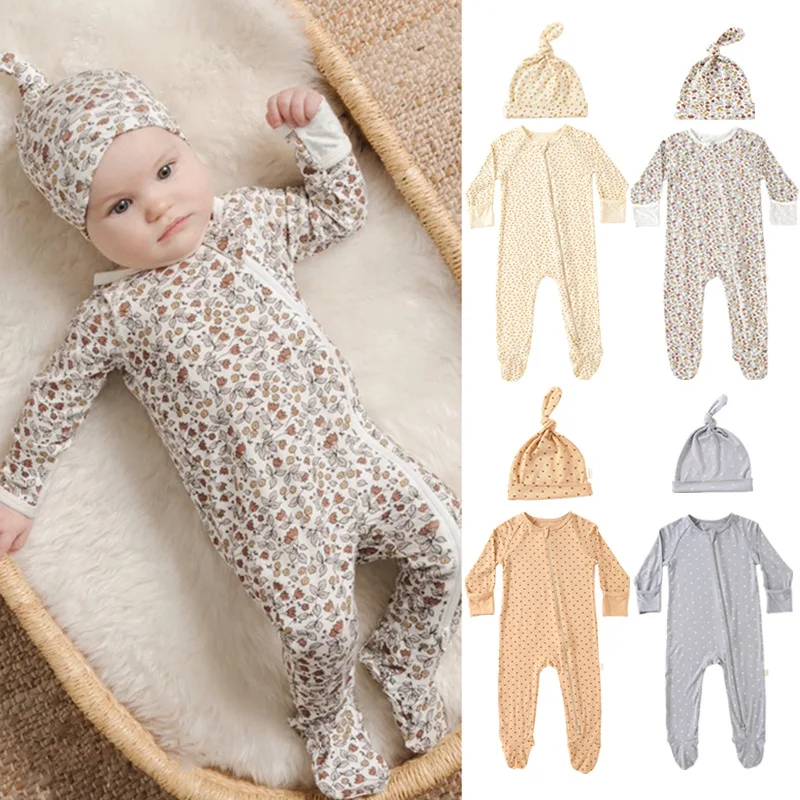

Infant Jumpsuit Spring and Autumn New Boy Girl Baby Modal Printed Foot-covered Romper Newborn Tied Rope Footies