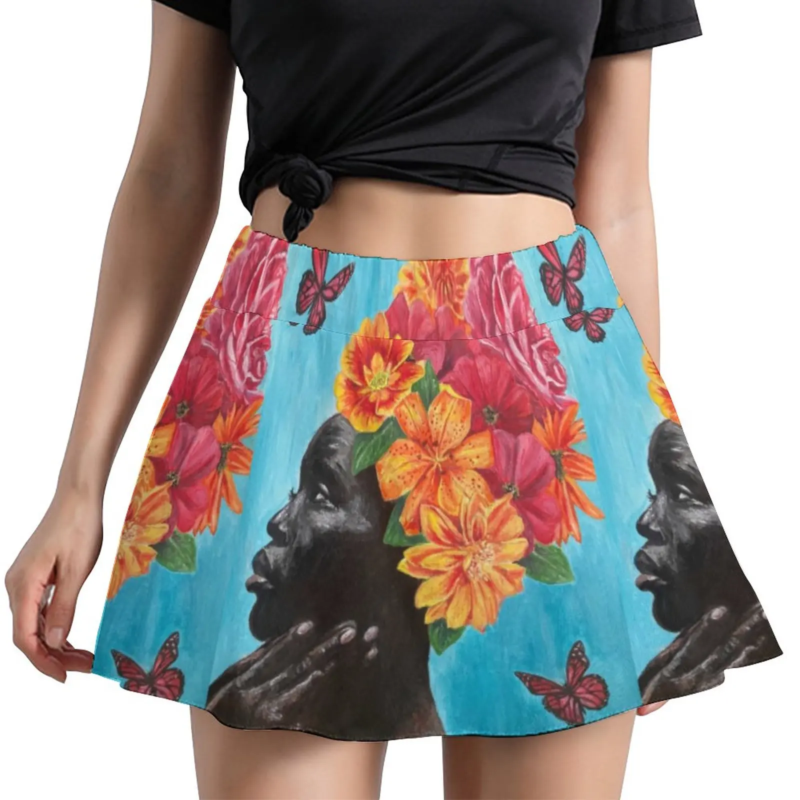 

Fleur Woman Head Skirt Female Flowers Art Print Elegant Mini Skirts Summer Y2K High-waisted Print Oversized Casual A-line Skirt