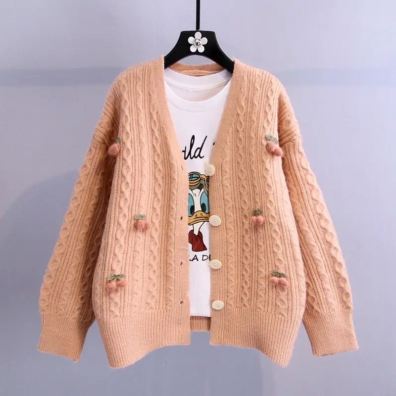 Solid color sweater coat cardigan women's spring and autumn new loose knitted top  pink cardigan  oversized cardigan enlarge