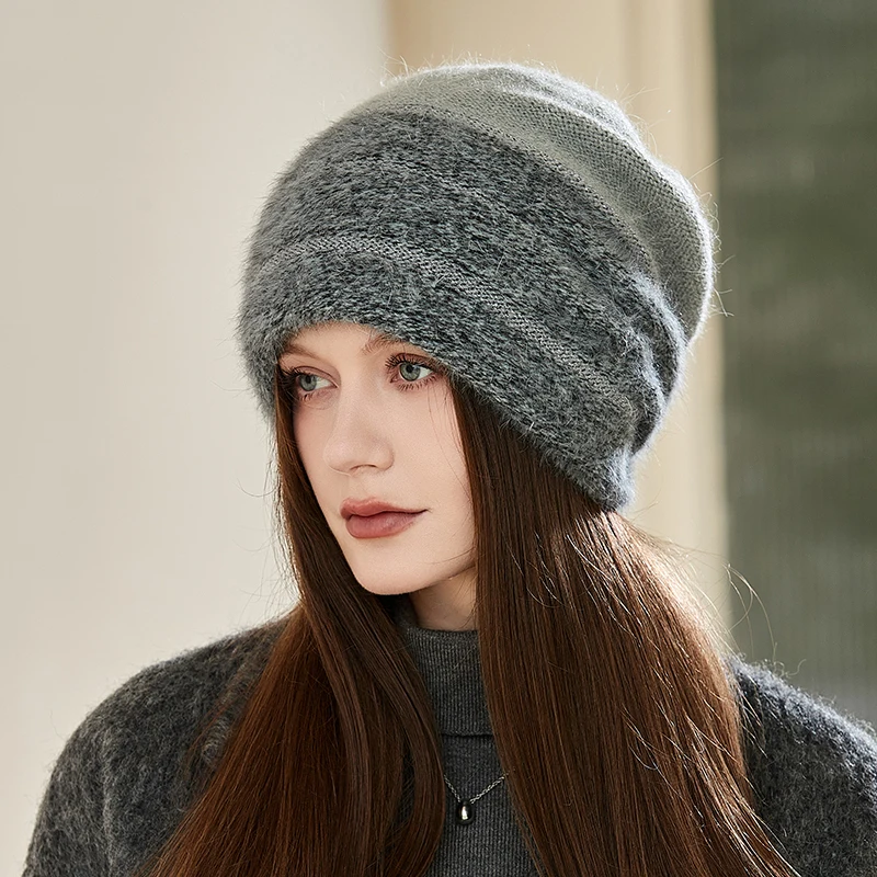 

Осенне-зимняя вязаная шапка из кроличьего меха для женщин, новинка 2023, плотные теплые мягкие трендовые шапки-бини в полоску, шапки для девочек, женская шапка